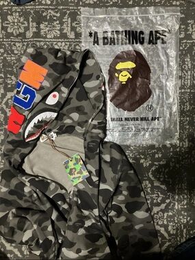 A Bathing Ape Men's Shark Full-Zip Hoodie Jacket in GREY Camo
